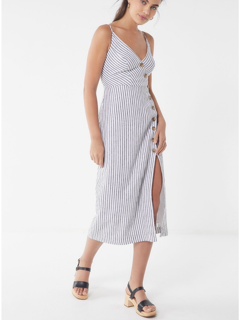 Urban Outfitters Striped White & Navy Button-Front Maxi Dress
